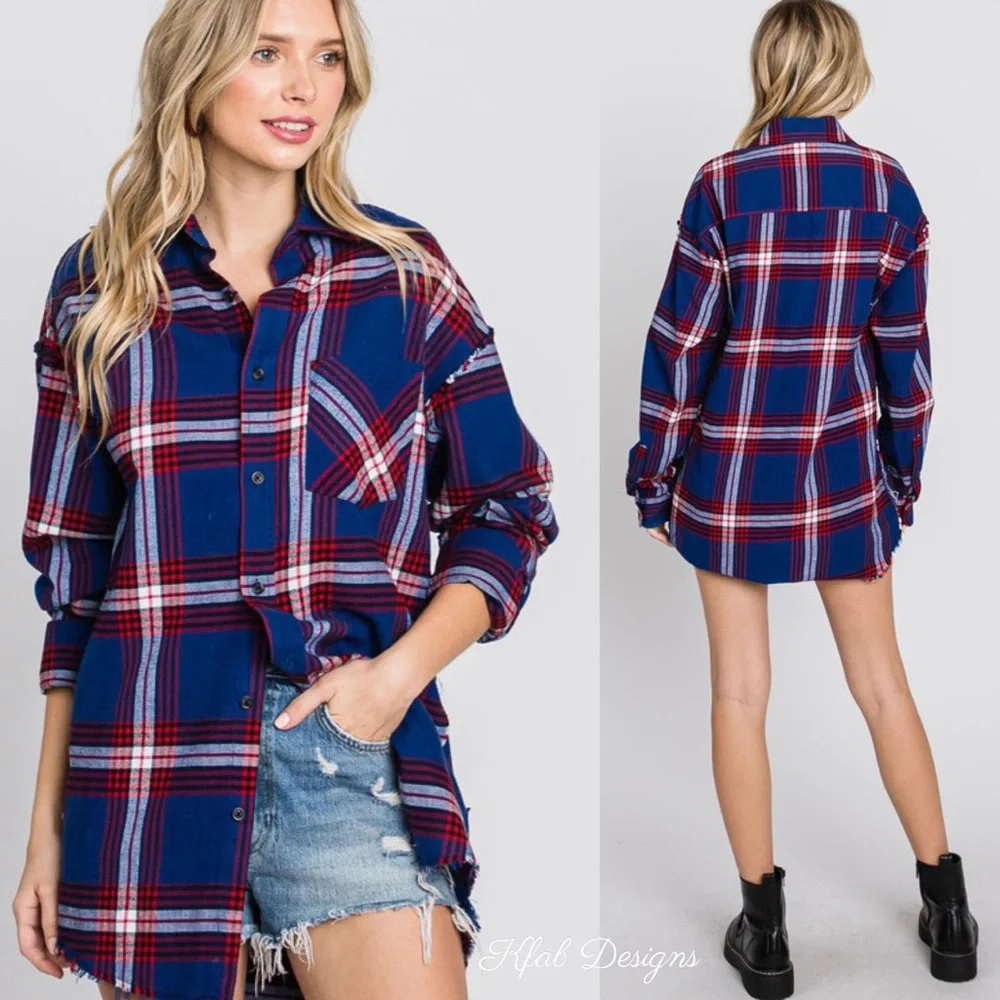 ❤️LAST 1! Soft Plaid Longline Cotton Button Down Shirt! - Picture 1 of 5